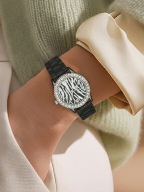 Geneva Black Bracelet Watch with Zebra-Pattern Dial And Rhinestone Lined Face